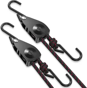 Ratchet Tie Down Straps, 1/4" Adjustable Rope Hangers [2 Pack, 12FT, 150 lbs/Pack], Heavy Duty Kayak Pulley System with Hooks for Garage Cargo Trucks Tents Grow Lights Various Lashing