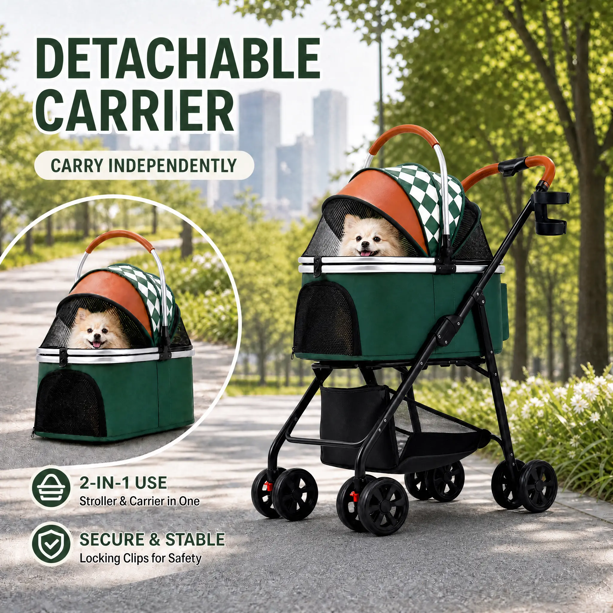 COMHOMA Foldable 4-Wheel Roll Metal Pet Stroller & Animal Carrier, All-Season Use with Weather Cover, Storage Basket, Cup Holder, Breathable Mesh, Camouflage Design, Hook-and-Loop Closures for Small/Medium Dogs & Cats