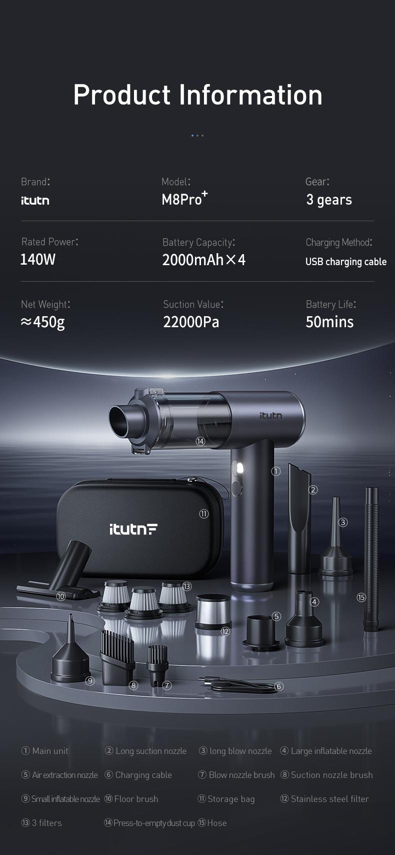 itutn car vacuum/blower M8, 5-in-1 Mini Vacuum Cleaner Cordless & Air Duster ,22000Pa Powerful Suction, Handheld Portable Vacuum For Car, Home, PC, Keyboard, Desk, Pet Hair Cleaning