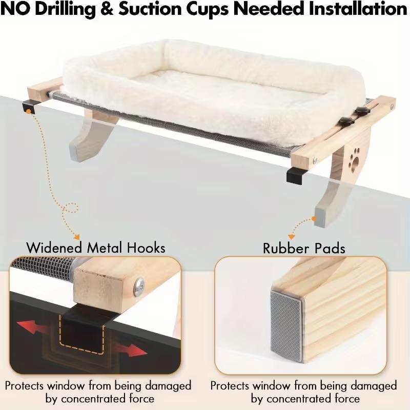 Sturdy Cat Window Perch Hammock with Wooden and Metal Frame – Adjustable Bed for Large Cats, Perfect for Windowsill or Outdoor Use