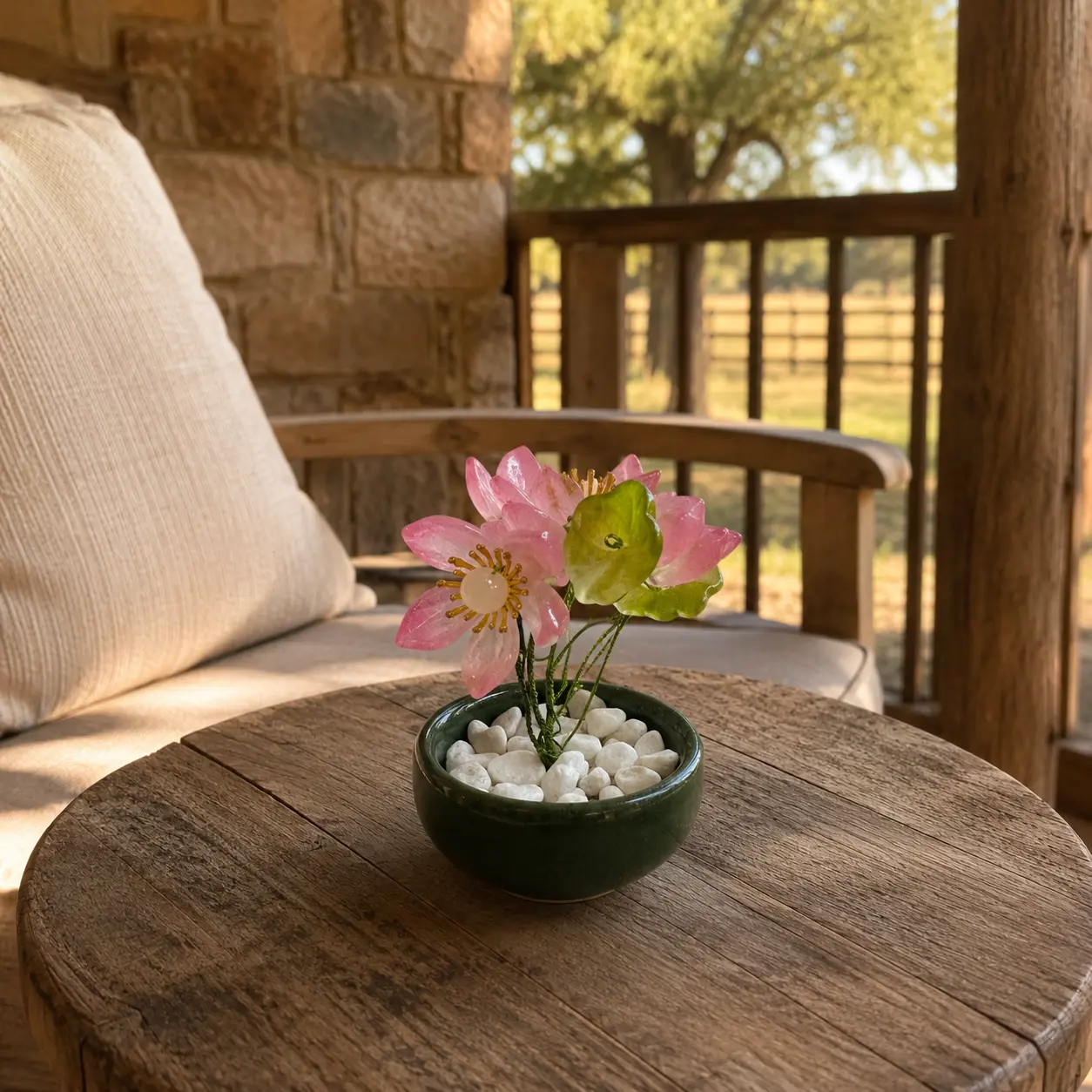 1PC Pink Lotus Flower Ornament, Mini Crystal-Style Floral Tabletop Decoration with Green Ceramic Bowl and White Stones, Zen Home Accent for Bedroom, Living Room, Office, Meditation Space and Housewarming Gift