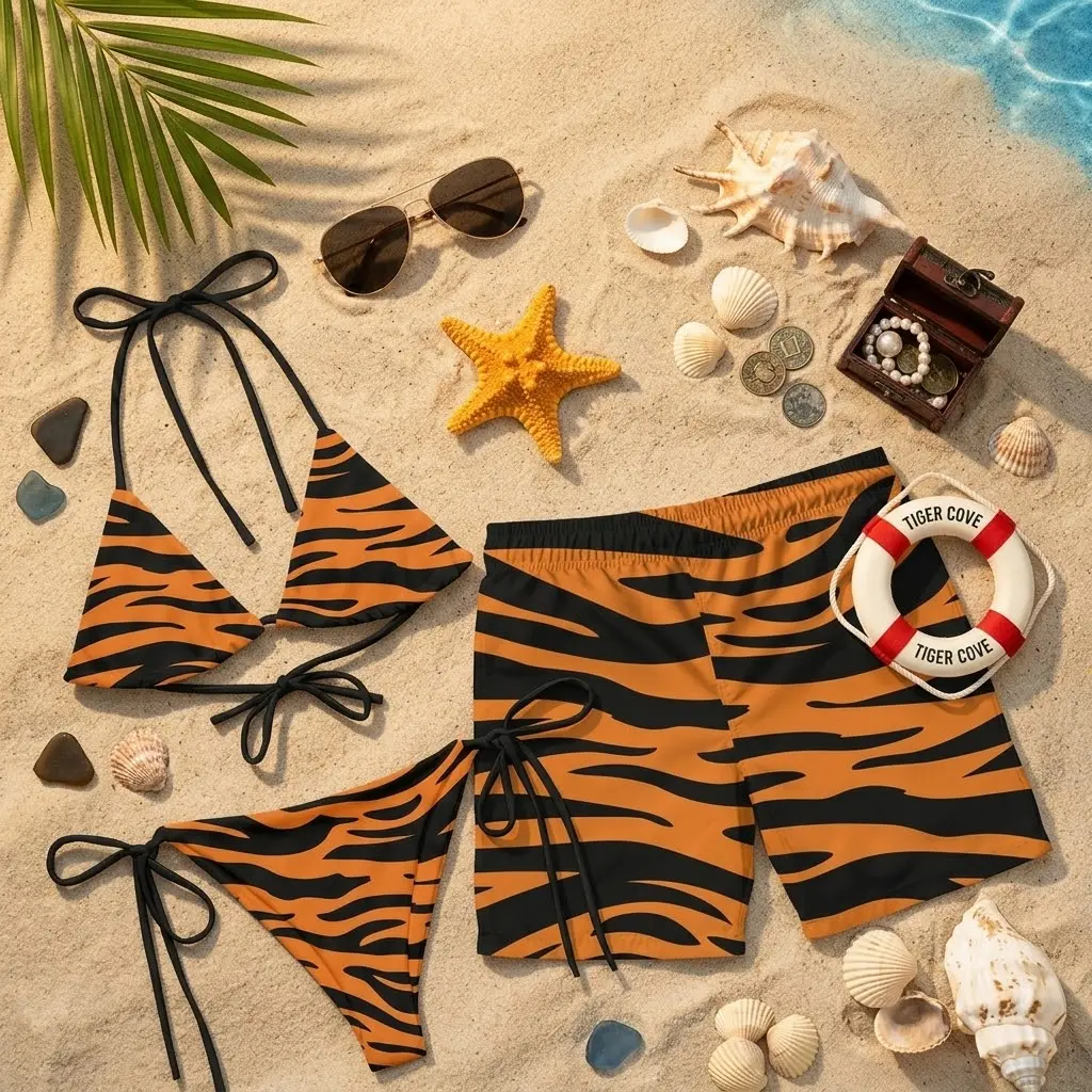 Tiger Print Matching Couple Swimwear Set - Exotic Animal Print Bikini and Board Shorts - Wild Safari Beach Vacation Outfit for Couples
