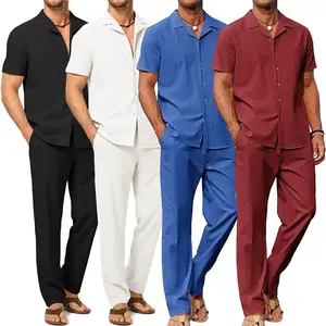 Men’s two-piece set with a Cuban collar: short-sleeve shirt + long pants. Lightweight and breathable—casual beach vacation summer wear. Men’s summer matching outfit suitable for everyday wear, weddings, parties, and travel.