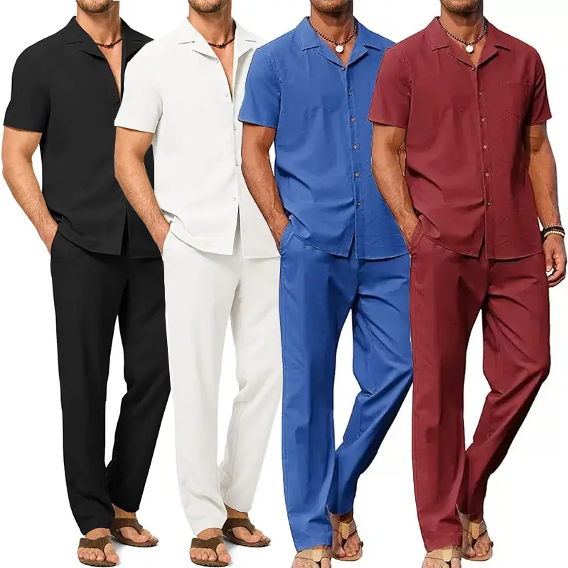 Men’s two-piece set: short-sleeve shirt + long pants, lightweight and breathable Cuban collar, casual beach vacation summer outfit, men’s summer matching set suitable for everyday wear, weddings, parties, and travel.
