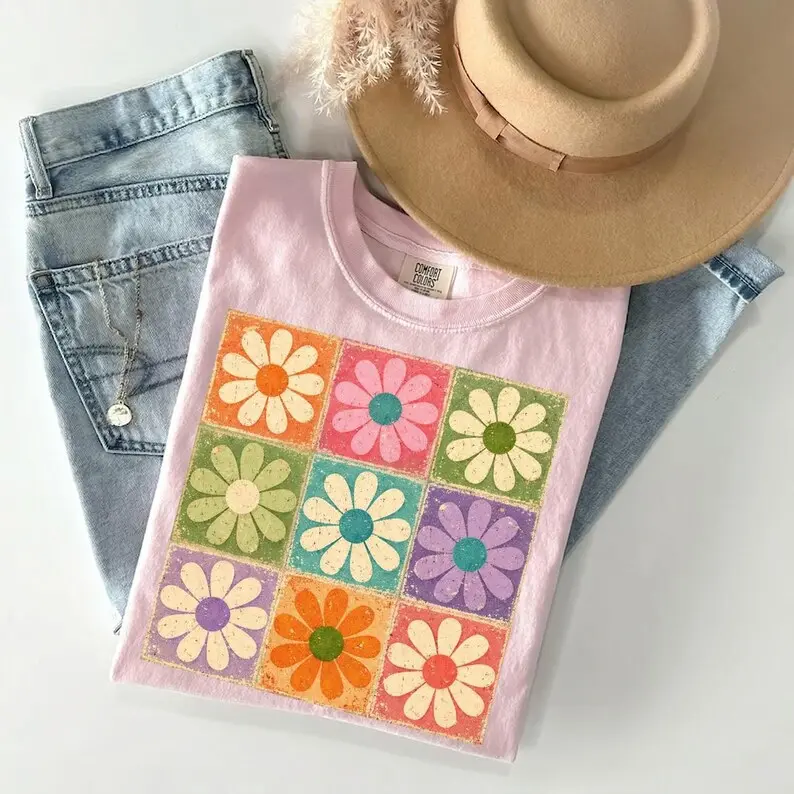 Comfort colors Retro Checkered Flowers TShirt, Boho Floral Summer Tee Women, Wildflowers Beach Vintage, Daisy Pastel Floral Gift For Her