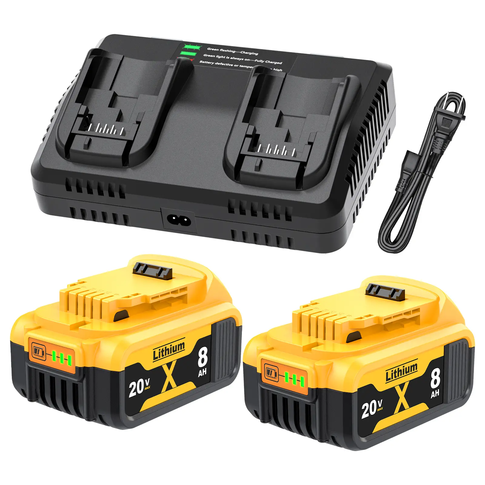 2Pack 8.0Ah Replacement for Dewalt 20V Lithium Battery with 20 Volt Dual Port Battery Charger DCB200 DCB201 DCB204 DCB206 DCB207 DCD/DCF/DCG XR Series