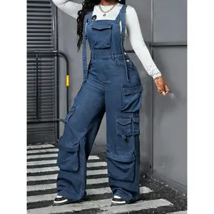 Women's Adjustable Strap Denim Workwear Jumpsuit, Loose Fit Fashion Casual Overall, Spring & Fall Style, Comfortable and Stylish