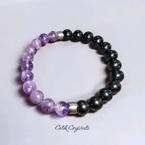 Black Tourmaline Amethyst Bracelet Natural Stones 8mm Stretches Unisex Stretch Bead Bracelet With Hematite Spacers