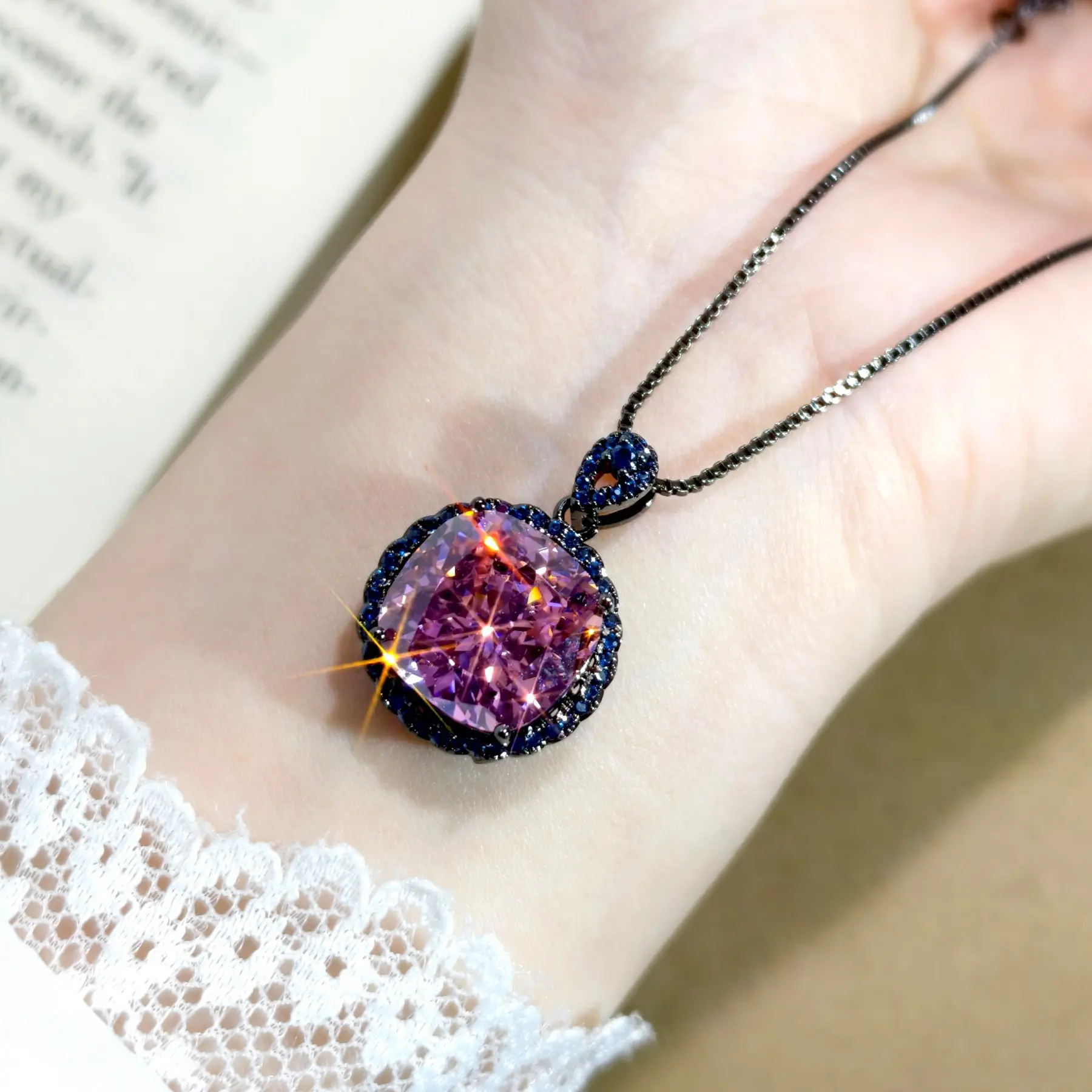 New large square radiant cut black gold personalized pink zirconium open ring and pendant necklace two-piece set