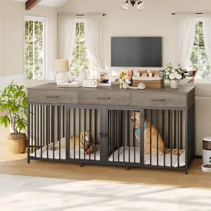 HOSTACK Double Dog Crates Furniture, 71" Wide Indoor Dog Kennel with 3 Drawers, Farmhouse Dog Cage for 2 Large/Medium Dogs with Removable Divider, Wooden Pet House