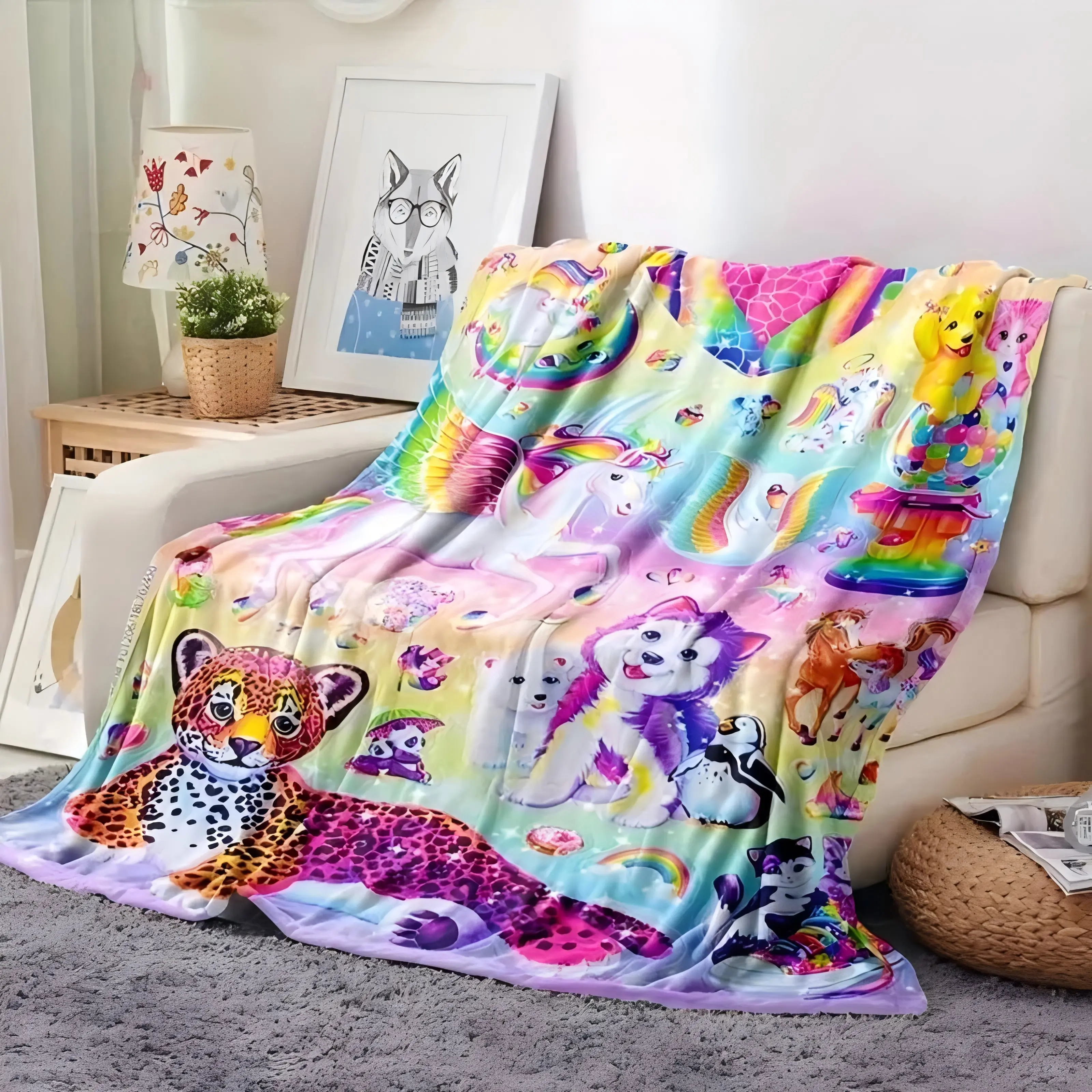 Whimsical Unicorn-Cheetah Print Fleece Flannel Throw, Cartoon Printed, Cozy, Soft, Lightweight, Durable, Vibrant Rainbow Decorative Sofa Blanket, Cartoon Printed Blanket