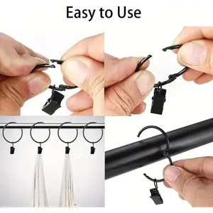12/24/36 Pack Black Metal Shower Curtain Rings with Clips 1.2 Inch Interior Diameter Openable Rustproof Metal Hangers Ring Decorative Drapery Vintage Black
