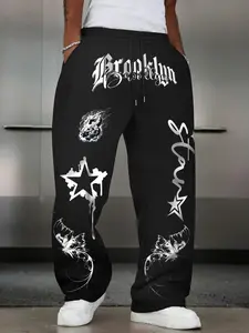 Men's Knit Sweatpants, Brooklyn Flame Butterfly Star Print, Elastic Waist, Straight Leg, Soft Stretchy Fabric, Casual Fashion Pants