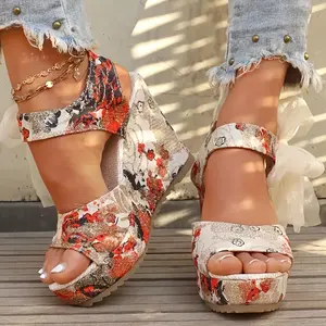 2025 Summer Women's Retro Floral Sandals with Thick Wedge Heels, Adjustable Ankle Strap, Soft Rubber Upper and Durable PU Sole, Suitable for Casual and Party Wear, Comfortable Walking Shoes, Girls Footwear Elegant Classy Fashion Stylish Heeled