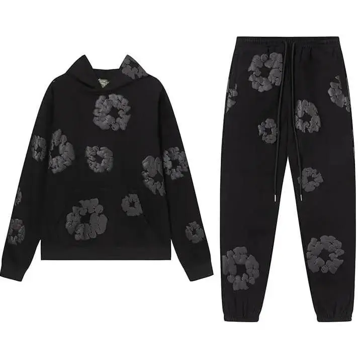 Vintage Flowers Hoodie & Joggers Set for Men & Women – Unisex Oversized Pullover Hoodie & Sweatpants Matching Tracksuit, Cozy Fleece Streetwear Outfit, Casual Loungewear, S-5XL Adjustable Clothes