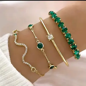4Pcs/Set Trendy Snake Style Faux Gemstone Bangles Rhinestone Full Metal Bracelets for Women Birthday Party Christmas Gift Set