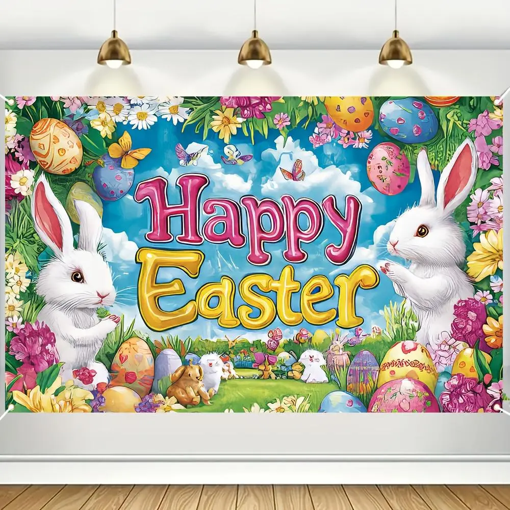 1PC Multicolor Polyester 2D Flat Easter Backdrop Cloth - 1-Piece Rabbit & Easter Eggs Themed Banner, Photo Booth Decoration, Ideal for Indoor and Outdoor Parties