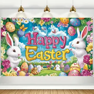 1PC,2D Flat Happy Easter Backdrop, Rabbit & Easter Eggs Themed Party Background Cloth, Festival Activity Decoration, Photo Backdrop For Easter Party, Ideal For Easter Celebration Decorations