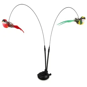 Cat Toy Set with Suction Cup Realistic Bird Teaser Rod, Long Dual Pole with Bell Feathers, Interactive Self-Playing Pet Toys