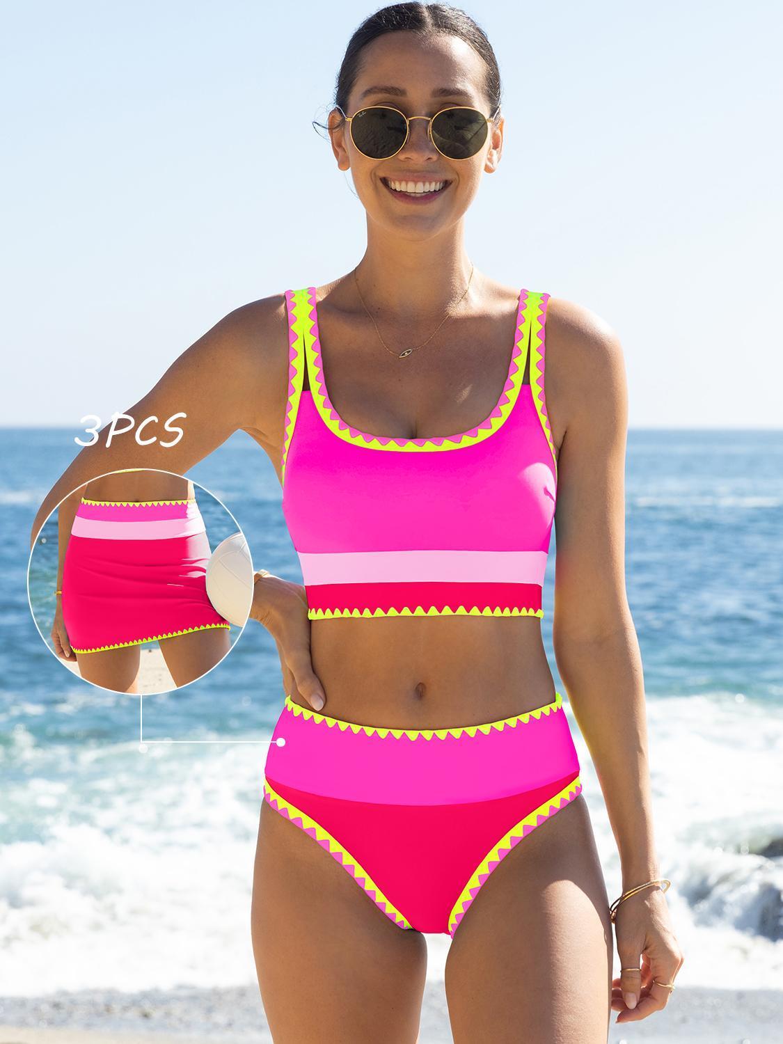 Beachball Kayaking 3 Piece Bikini Sets,Tummy Control & High Waisted Swimsuit with Adjustable Wide Shoulder Straps, Neon Color Sporty Swimsuit