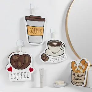 Coffee Themed Hand Towel, 4 Counts/set Cute Coffee Cup & Letter Pattern Embroidery Hand Towel, Kitchen Bathroom Hand Towel, Household Textiles