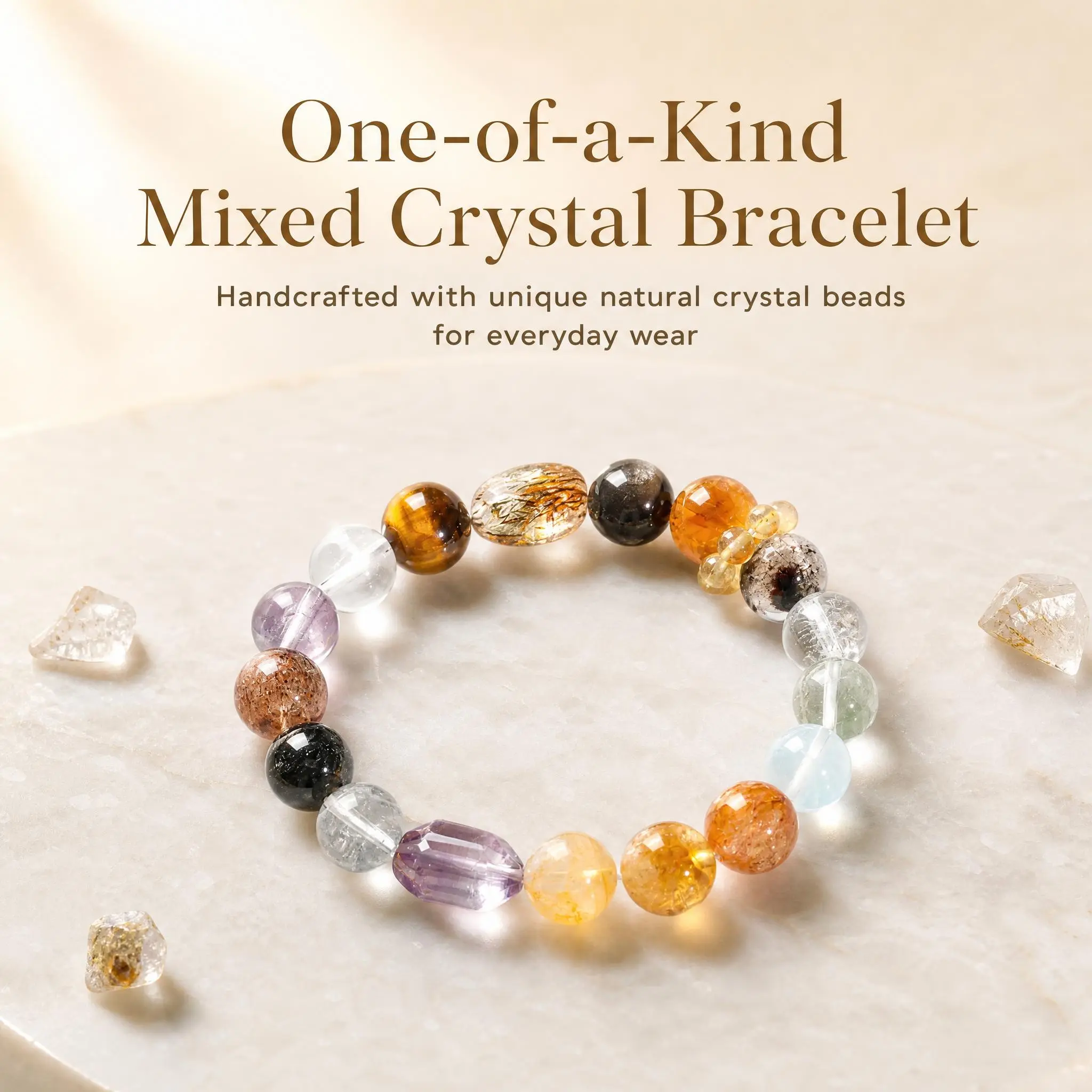 Women's Handcrafted Mixed Crystals Beaded Bangle - Natural Golden Rutilated Quartz, Citrine, Square Facet, Rhinestone-Spaced Multi-Beads, High Vibration Solar Plexus Chakra Jewelry for Abundance & Confidence, Daily Wear