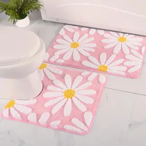 2pcs Bathroom Rug Set, Cute Daisy Bath Mat & U-Shaped Toilet Pad, Floral Decorative Bath Rugs, Super Soft Plush, Non-Slip, Highly Absorbent, Washable