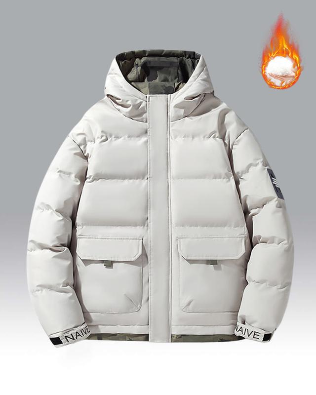 Men's Lightweight Puffy Hoodie – A thick, warm cotton jacket; features a drawstring hood, hook-and-loop fasteners, and a zippered front closure; perfect for various occasions such as commuting to work or going out on the weekend; an essential versatile pi