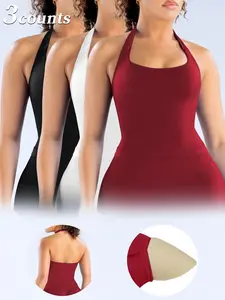 1/2/3 Pcs Women's Halter Neck Shapewear Tank Top with Removable Pads, Three-Layer Seamless Backless Tank Tops Casual Solid Color Soft All Seasons Wear