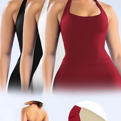 1/2/3 Pcs Women's Halter Neck Shapewear Tank Top with Removable Pads, Three-Layer Seamless Backless Tank Tops Casual Solid Color Soft All Seasons Wear