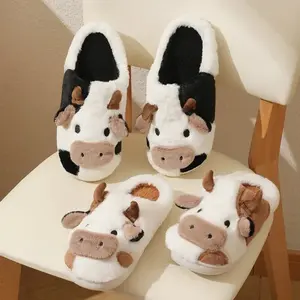 Cow Plush Cotton Slippers Women and Men slippers women Cute Cotton Animals House Shoes Fluffy Plush Slippers for Girls Indoor Living Room Bedroom Cow Flipflop woman house slipper