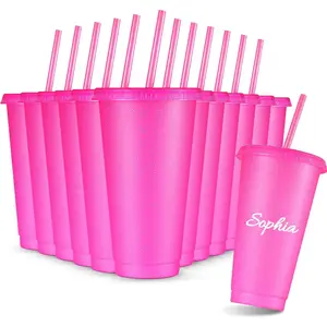 12 Pcs Reusable Glitter Cups with Lids and Straws 24 oz Plastic Tumbler Iced Coffee Cup Travel Mug for Smoothie Juices Birthdays Sleepover Party Supplies for Girls (Hot Pink)