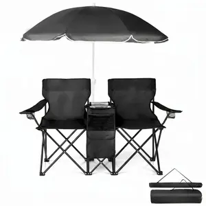 Outdoor Folding Chair with Sun Umbrella (2-Seater) – Removable Umbrella, Lightweight & Portable (Black)