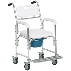 HOMCOM 3-in-1 Shower Commode Wheelchair, Transport Beside Commode Chair, Waterproof Rolling Over Toilet Chair 330 lbs. Weight Capacity with Padded Seat, Gray