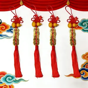 Handmade Braided Chinese Knot Five Emperor Coins Gourd Hanging Decoration, Lucky Prosperity Ornament for Home Door Handle