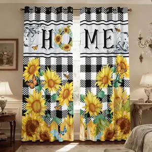 Plaid and Sunflower Blackout Curtains With Grommet Window Drapes for  Living Room Bedroom Kitchen Home Decor 2 Panels
