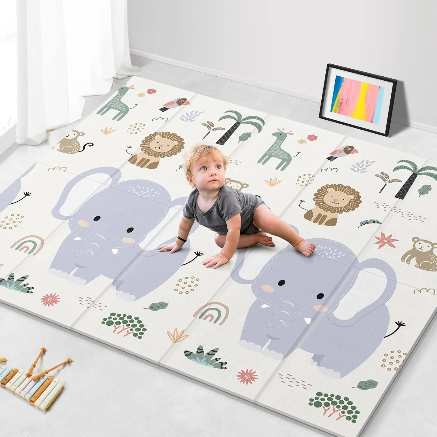 79x71 Foldable Play Mat for Baby, Extra Large Non-Toxic Tummy Time and Crawling Mat, Thick Foam Play Mat, Reversible Portable Baby Floor Mat for Infan