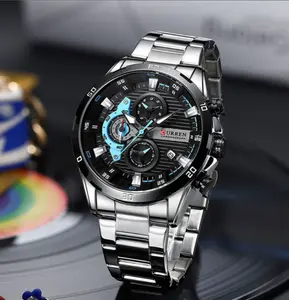 CURREN Men's CR01-01 Chronograph Stainless Steel Watch with Luminous Display Auto Date Feature Water Resistant 30M Quartz Powered 47mm Dial 24mm Band