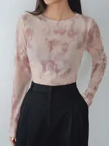 Women's Casual Gradient Tie-Dye Transparent Mesh Long Sleeve Shirt, Slim Fit, Spring Summer Fall Fashion, Ladies' Stylish Top