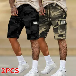 Men’s camouflage cargo shorts, set of 2, featuring side pockets and a drawstring waist — sporty streetwear, summer casual shorts for outdoor activities, camouflage shorts, casual wear, urban fashion, non-stretch fabric