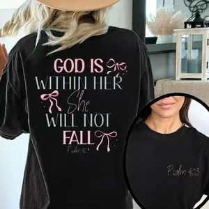 230g Washed Cotton T-Shirt - Dual-Sided Inspirational Design "GOD IS WITHIN HER SHE WILL NOT FALL" & Psalm 46:5, Retro Vintage Loose Fit Unisex Top for Men & Women, Spring Summer Casual Wear