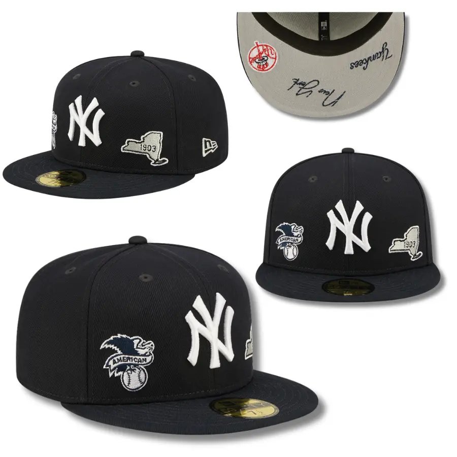 New Era 59FIFTY New York Yankees Fitted Baseball Cap – MLB Flat Brim Hat with Raised White NY Logo, 1903 New York State Patch, American League Side Embroidery & Grey Undervisor