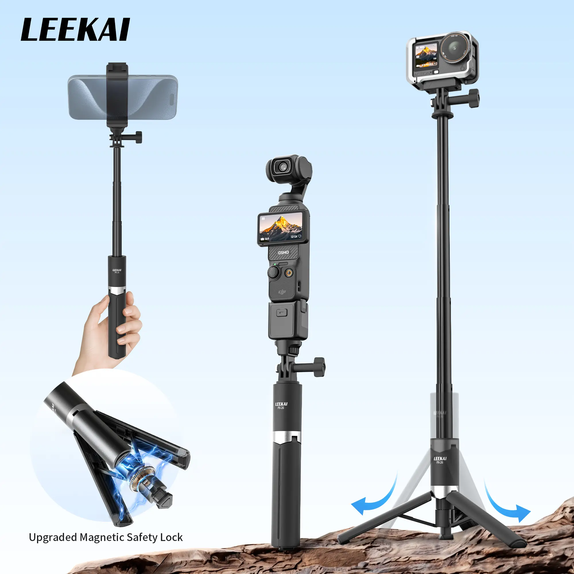 LEEKAI Auto Open Extendable Tripod PX26 Selfie Stick with Upgraded Magnetic Safety Lock, Auto-Pop-Up Aluminum Tripod Pole Compatible with DJI Osmo Action 6/5 Pro/4, GoPro, Insta360, Portable Vlog Camera Mount