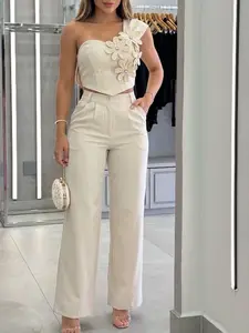 2026 New Women's Two-Piece Set, Floral One-Shoulder Bustier High-Waisted Wide-Leg Pants, Party Dress Style, Fashionable