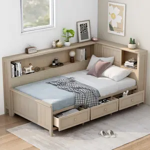 [SOIYELIFE] Twin Size Wood Daybed with Storage Shelves and 3 Drawers, Antique White Milk