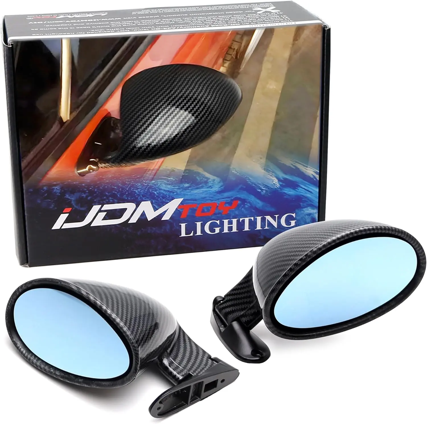 iJDMTOY Gloss Black Carbon Fiber Pattern Blue Tinted Glass California Retro Rally Motorsport Style Universal Oval Rear View Side Mirrors For Sports or Street Cars