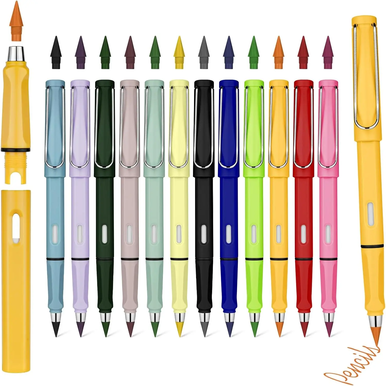 12 Count Inkless Forever Colored Pencils with Eraser, Infinite Pencil Coloring Metal Pencils, Forever Pencils Replaceable Head Inkless Pencils for Sketching, Painting, School Supplies.