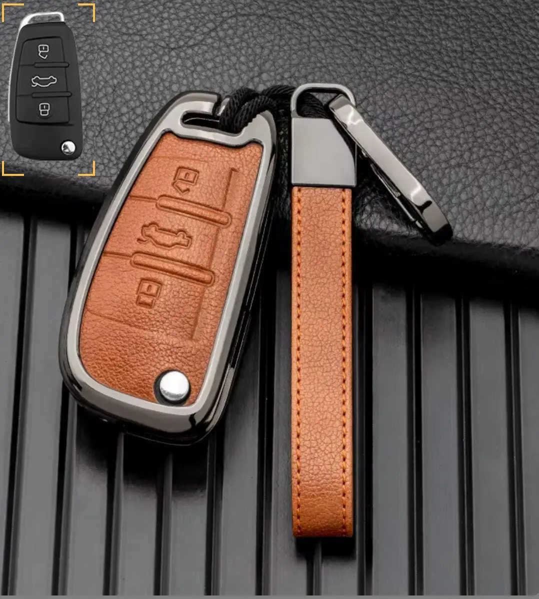 Customizable Leather & Aluminum Key Fob Cover with Keychain for Audi (Flip key)