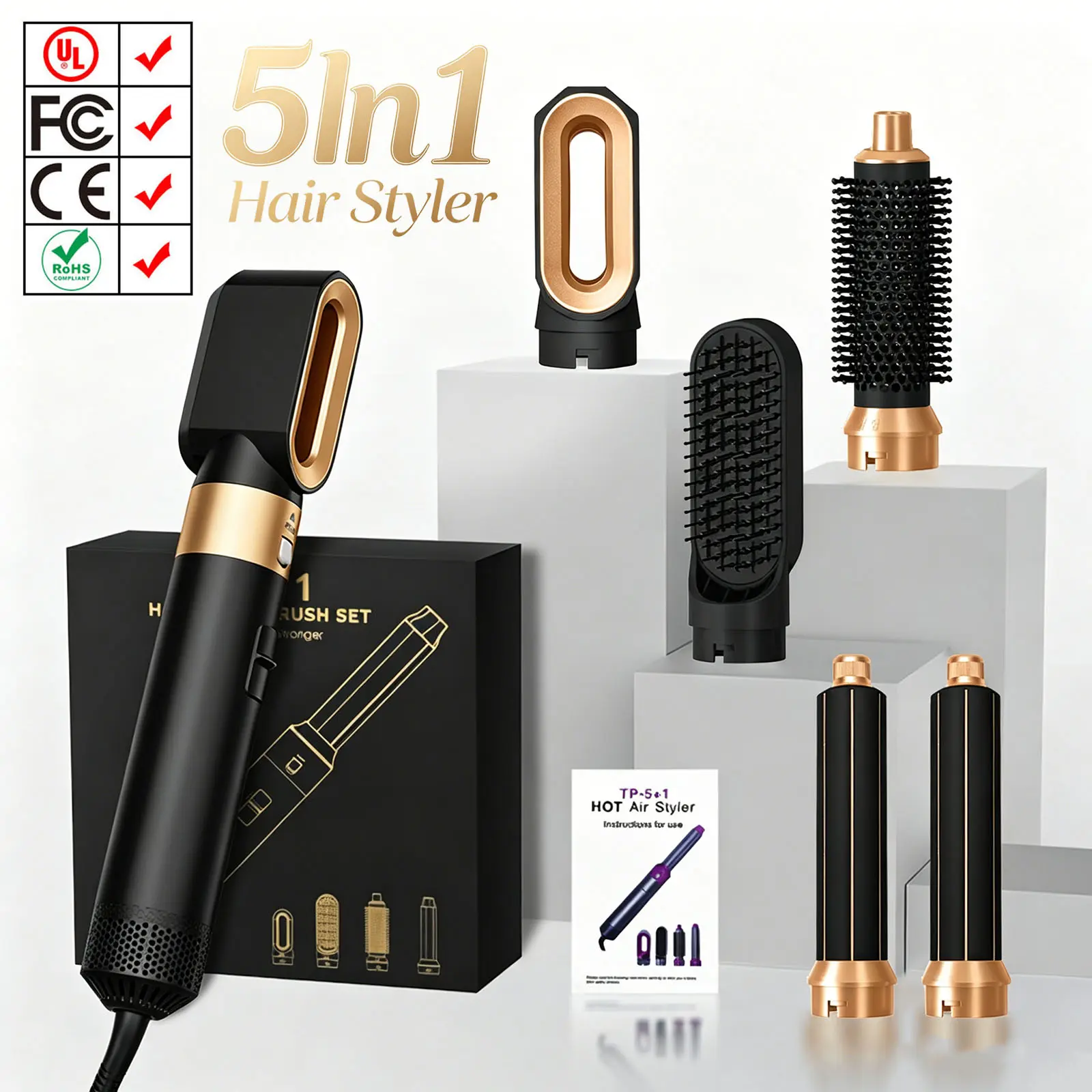 Free Ship 5 In 1 Hair Styler with Air Flow Set Automatic Hair Curler Hair Straightener Hair Dryer Hot Brush Kit Women's Hair Beauty Home Use Hair Blower with Leakage Protection
