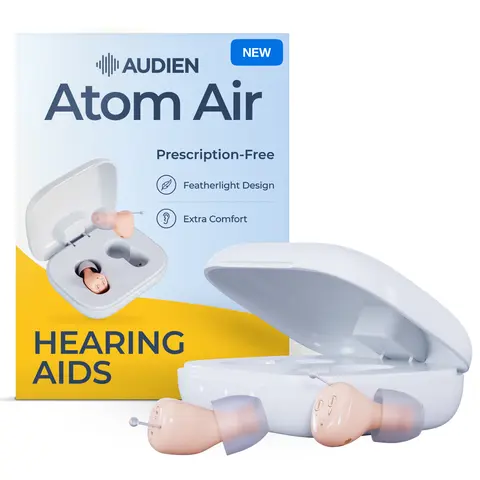 Audien Atom Air OTC Hearing Aids – FSA/HSA Eligible, Lightweight & Invisible, 24Hr Battery, FDA Registered, No App Needed, $149/Pair